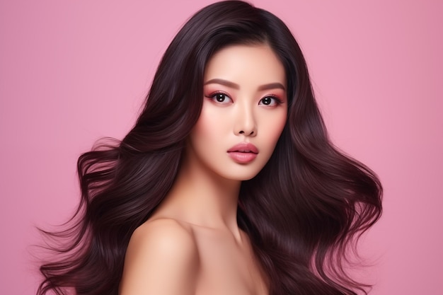 Portret pięknej azjatyckiej brunetki z długimi, prostymi, błyszczącymi włosami na różowym tle