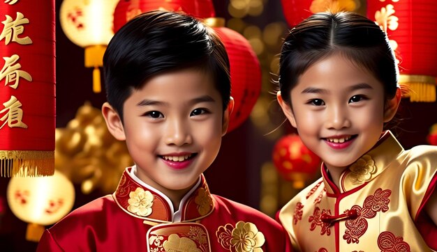Portret pięknej azjatyckiej dziewczyny na Chiński Nowy Rok w tradycyjnym garniturze i Angpao