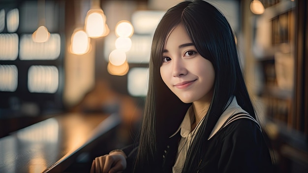 Portret pięknej azjatyckiej dziewczyny uśmiechającej się i patrzącej na kamerę