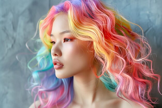 Zdjęcie portret pięknej azjatyckiej dziewczyny z tęczową neonową fryzurą