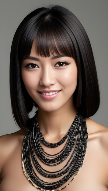 Portret pięknej azjatyckiej kobiety noszącej naszyjnik na szarym tle