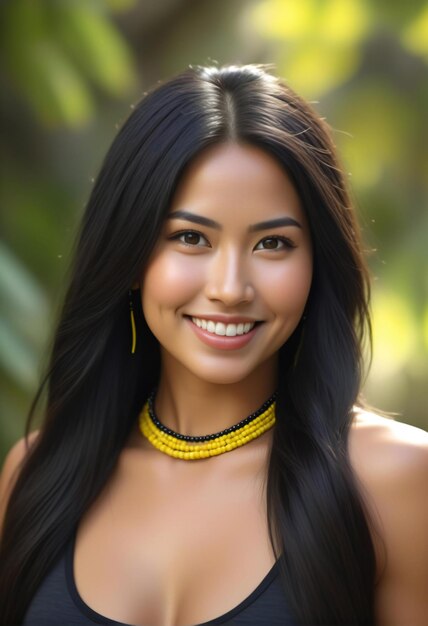 Portret pięknej azjatyckiej kobiety w czarnej koszuli i żółtym naszyjniku