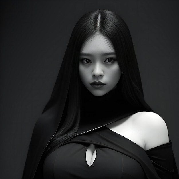Portret pięknej azjatyckiej kobiety w czarnej sukience z kapturem