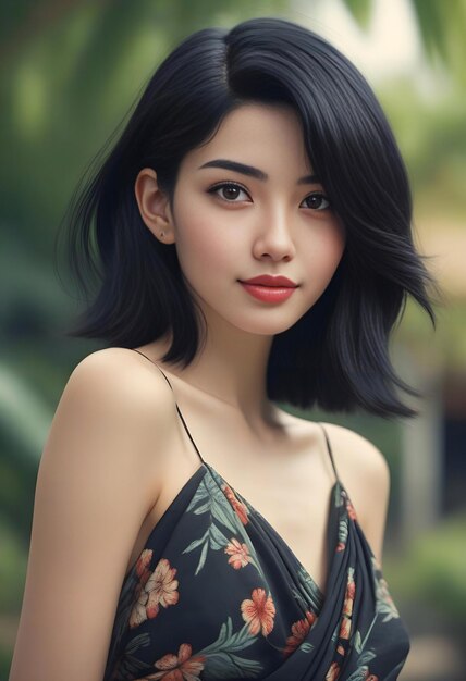Portret pięknej azjatyckiej kobiety w czarnej sukni patrzącej na kamerę