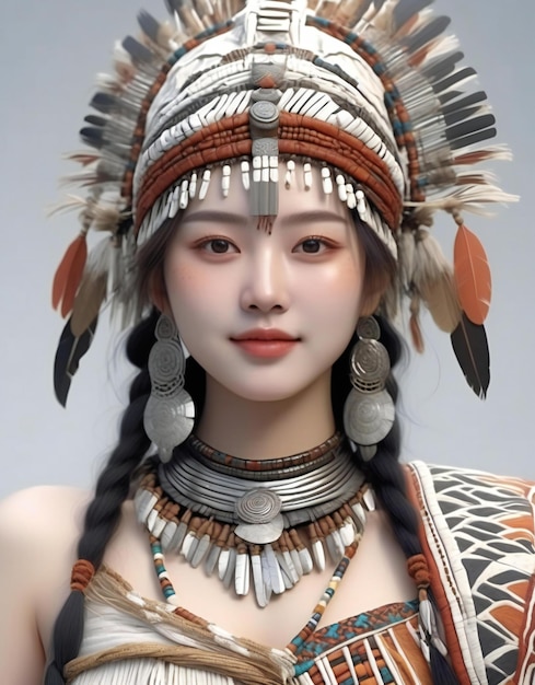 Portret pięknej azjatyckiej kobiety w tradycyjnym stroju z nakryciem głowy