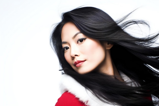 Portret pięknej azjatyckiej kobiety w ubraniach Świętego Mikołaja