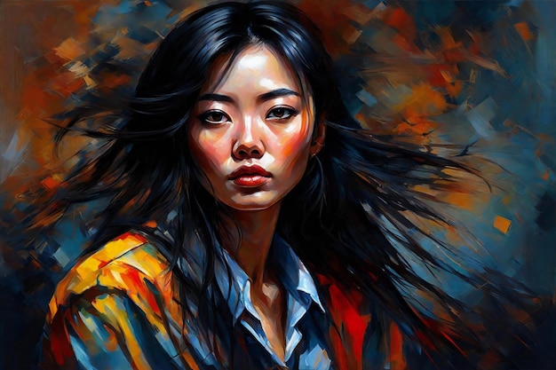 Portret pięknej azjatyckiej kobiety z długimi czarnymi włosami