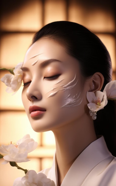 Portret pięknej azjatyckiej kobiety z doskonałą, zdrową skórą twarzy