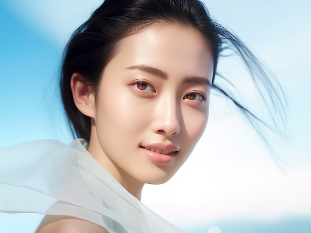 Portret pięknej azjatyckiej kobiety z idealną, zdrową, błyszczącą skórą twarzy