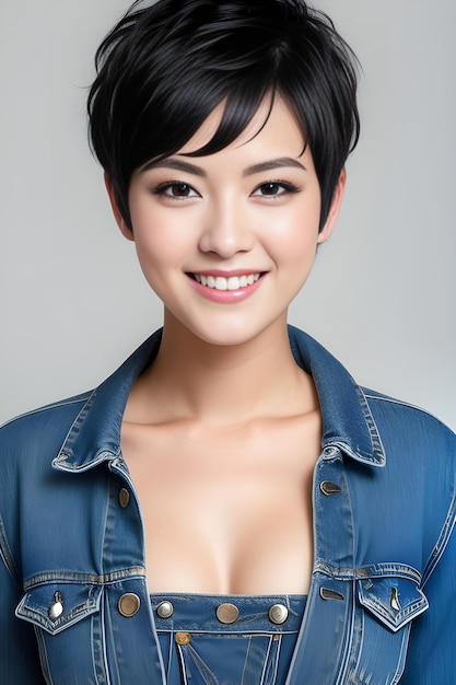 Portret pięknej azjatyckiej kobiety z krótkimi włosami noszącej kurtkę dżinsową