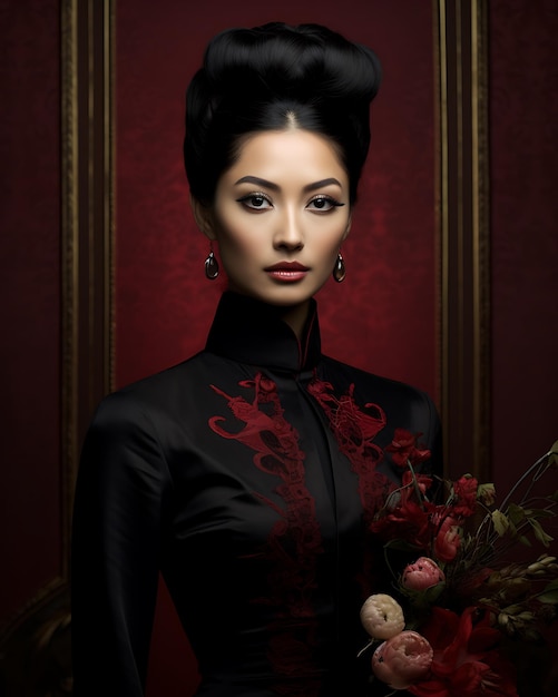 Portret pięknej azjatyckiej kobiety z makijażem w modnych ubraniach