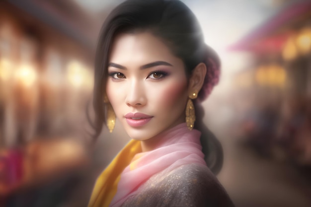 Portret pięknej azjatyckiej tajskiej kobiety sieci neuronowej ai wygenerowany