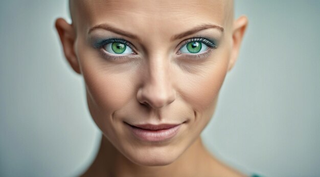 Portret pięknej, bezwłosej kobiety na tle. Portret łysa kobiety. Kobieta z rakiem.