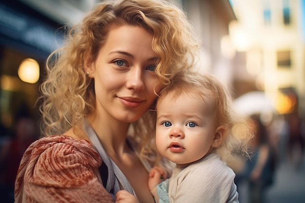 portret pięknej białej młodej matki z uroczym dzieckiem