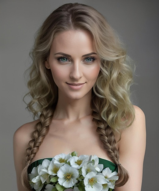 Portret pięknej blond młodej kobiety w zielonej kwiecistej sukience