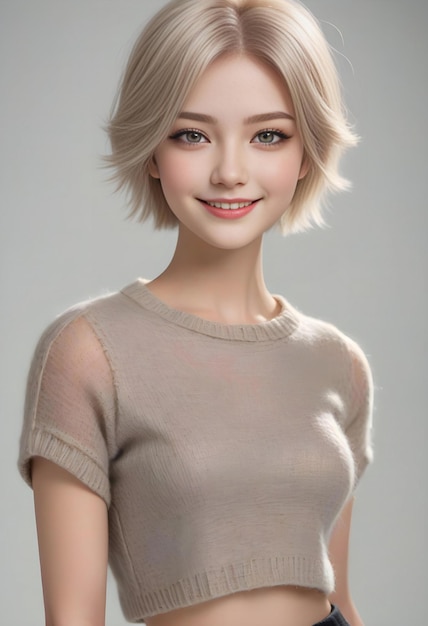 Portret pięknej blondynki w beżowym swetrze na szarym tle