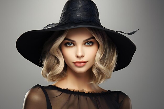 Portret pięknej blondynki w czarnym kapeluszu.
