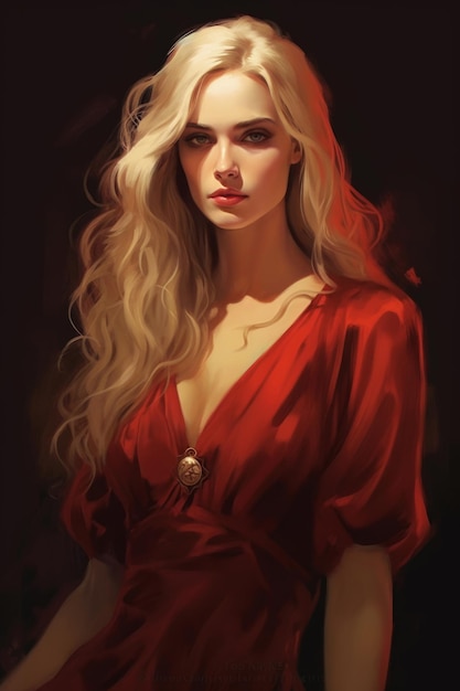 Portret pięknej blondynki w czerwonej sukience.
