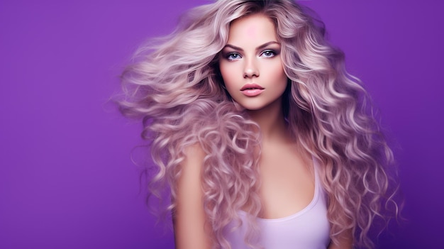 Zdjęcie portret pięknej blondynki z długimi kręconymi włosami na fioletowym tle generowany przez sztuczną inteligencję