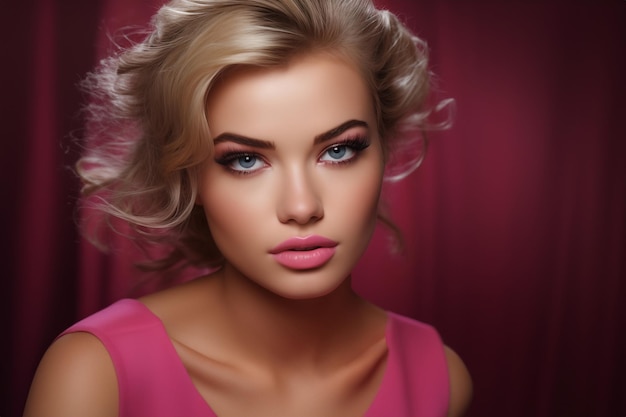 Portret pięknej blondynki z profesjonalnym makijażem i fryzurą na różowym