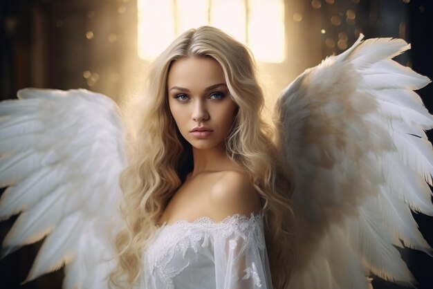 Portret pięknej blondynki z skrzydłami anioła