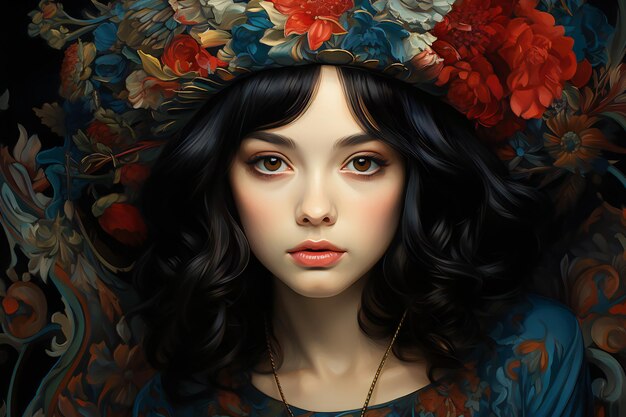 Portret pięknej brunetki w wieńcu kwiatów