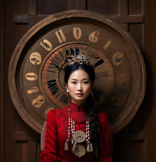 Portret pięknej Chinki w tradycyjnym chińskim stroju z zegarem
