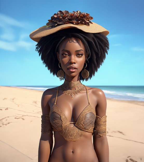 Portret pięknej czarnej kobiety o brązowych oczach na plaży
