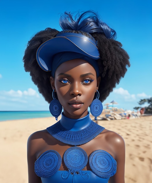 Portret pięknej czarnej kobiety o niebieskich oczach na plaży