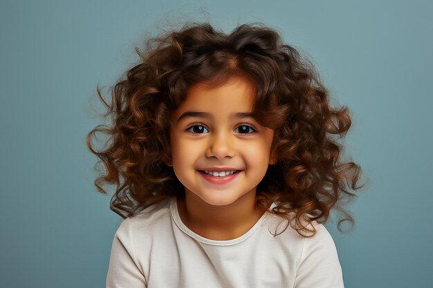 portret pięknej dziewczynki brunetki z kręconymi włosami na jasnym tle