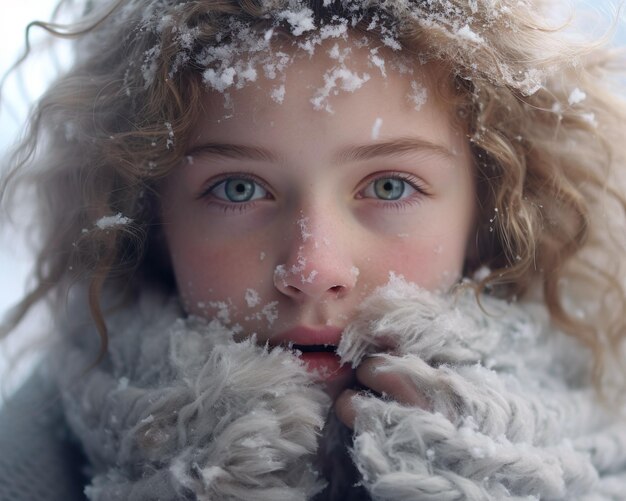 Portret pięknej dziewczynki z blond kręconymi włosami w zimowym parku