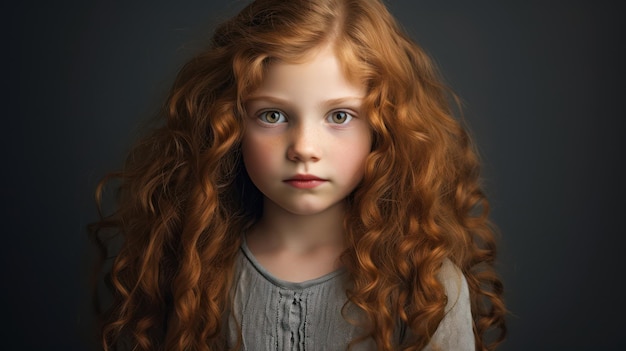 Portret pięknej dziewczynki z długimi kręconymi czerwonymi włosami Generatywna AI