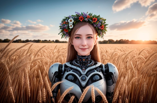 Portret pięknej dziewczyny androida w wieńcu kwiatów na polu pszenicy Generacyjna sztuczna inteligencja