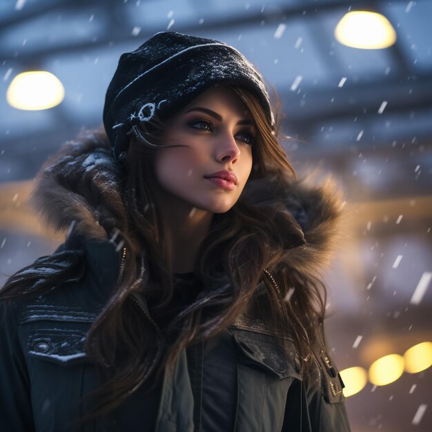 Portret pięknej dziewczyny na zimowym krajobrazie