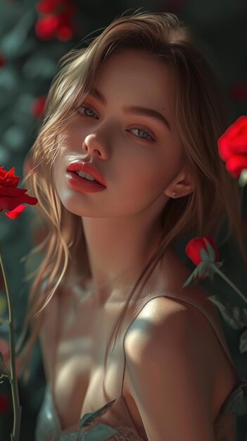 Zdjęcie portret pięknej dziewczyny otoczonej czerwonymi różami i płatkami róży w dzień świętego walentynki lub urodziny