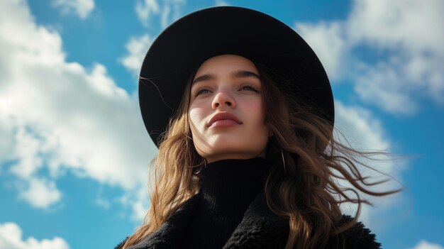 Portret pięknej dziewczyny w czarnym kapeluszu i płaszczu na tle niebieskiego nieba