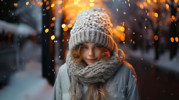 Portret pięknej dziewczyny w dzierżonym kapeluszu i chustce na tle zimowego miasta
