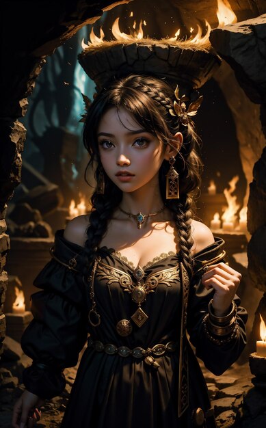 Portret pięknej dziewczyny w jaskini Piękne zdjęcie dziewczyny z ognia Uwielbiana dziewczyna z gry