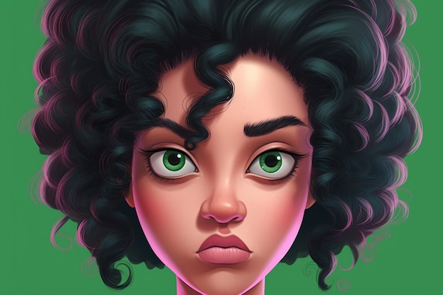 Portret pięknej dziewczyny z czarnymi kręconymi włosami i zielonymi oczami