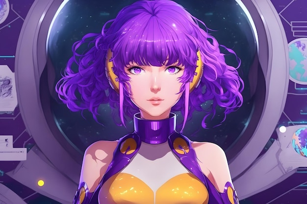 Portret pięknej dziewczyny z fioletowymi włosami w sieci neuronowej ai w stylu anime