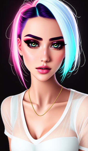 Portret pięknej dziewczyny z jasną fryzurą w neonowym świetle