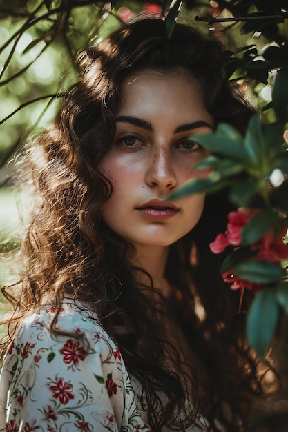 Portret pięknej dziewczyny z kręconymi włosami w kwitnącym ogrodzie