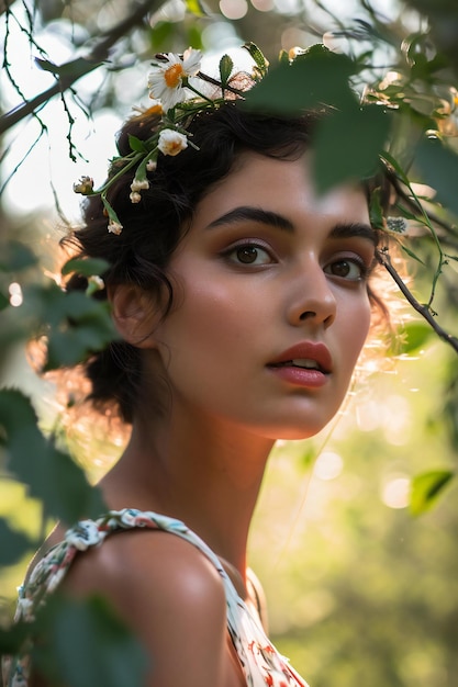 Portret pięknej dziewczyny z kwiatami we włosach w ogrodzie
