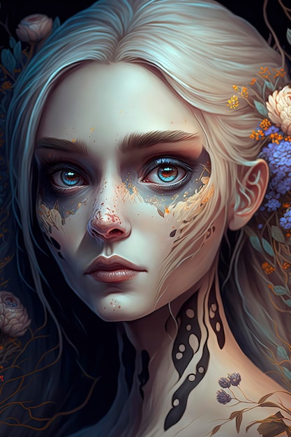 Portret pięknej dziewczyny z makijażem cukrowej czaszki i kolorowymi kwiatami na włosach dzień zmarłych makijaż catrina AIGenerated