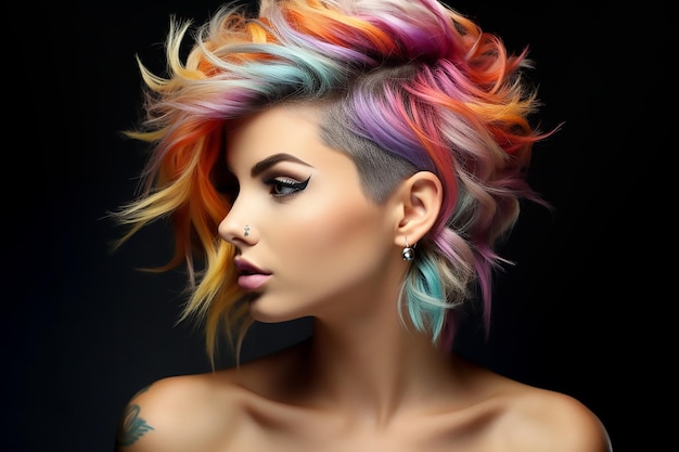 Portret pięknej dziewczyny z tęczową neonową asymetryczną fryzurą na czarnym tle