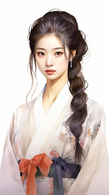 Zdjęcie portret pięknej gejszy w kimonie na białym tle