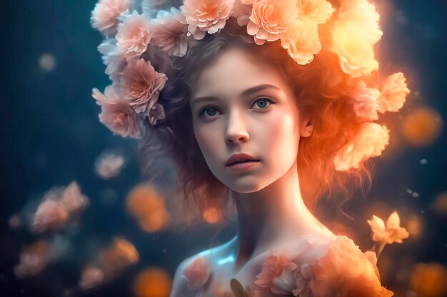 Portret pięknej i tajemniczej dziewczyny w pięknym wieńcu kwiatów na głowie