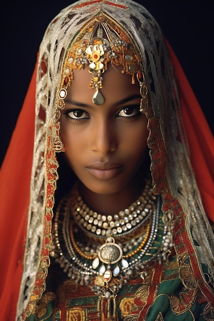 Portret pięknej indyjskiej kobiety w tradycyjnych ubraniach i biżuterii