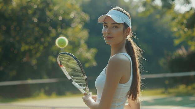 Portret pięknej kobiety grającej w tenisa na korcie tenisowym