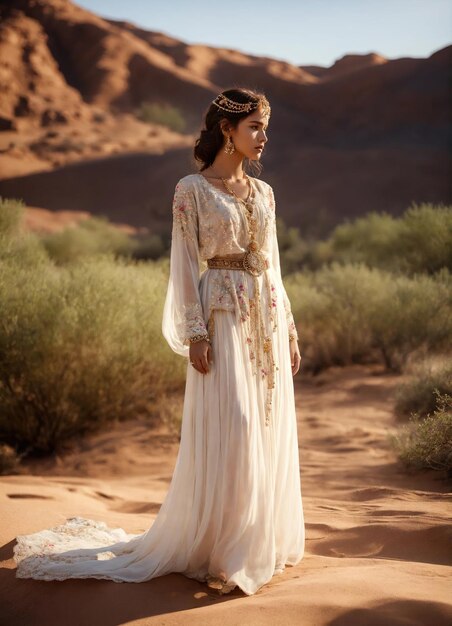 Portret pięknej kobiety na pustyni o zachodzie słońca w długiej białej sukience